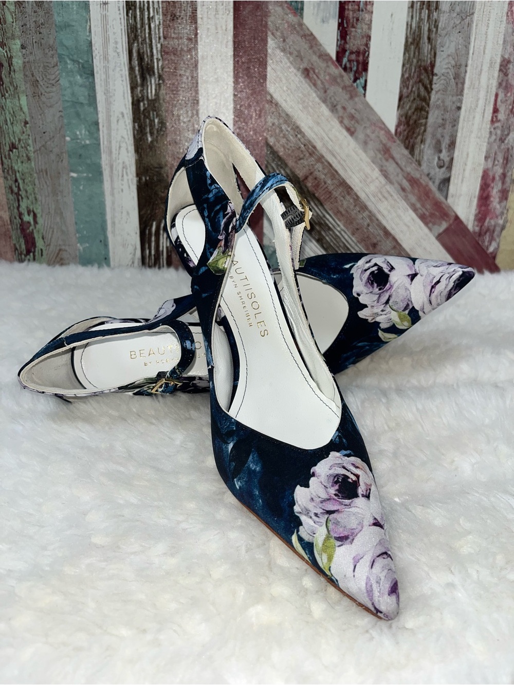 Beautiisoles by Robyn Shreiber Ankle Heels Shoes Agnese Floral Blue/Lilac SZ 8.5